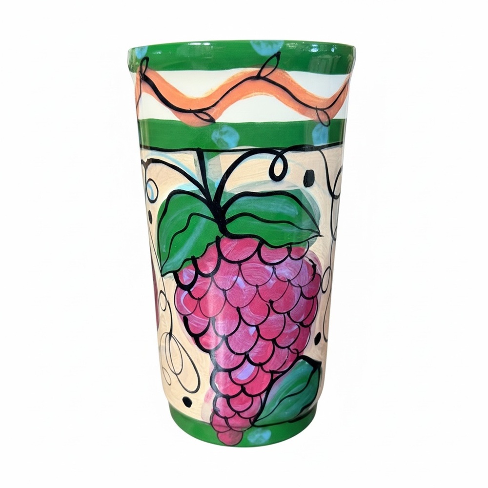 Hand Painted Grapes Ceramic Wine Bottle Chiller Holder Vase Utensil Crock